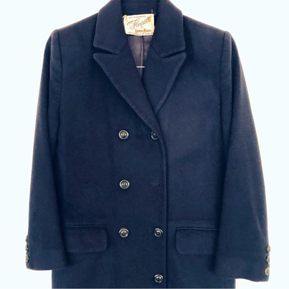 Vintage Cashmere Long Trench Pea Coat Navy Blue Double Breasted Lapel Collar